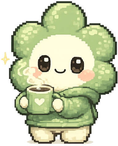 Poko, PetalPoko's pixel flower mascot, holding a cup of coffee