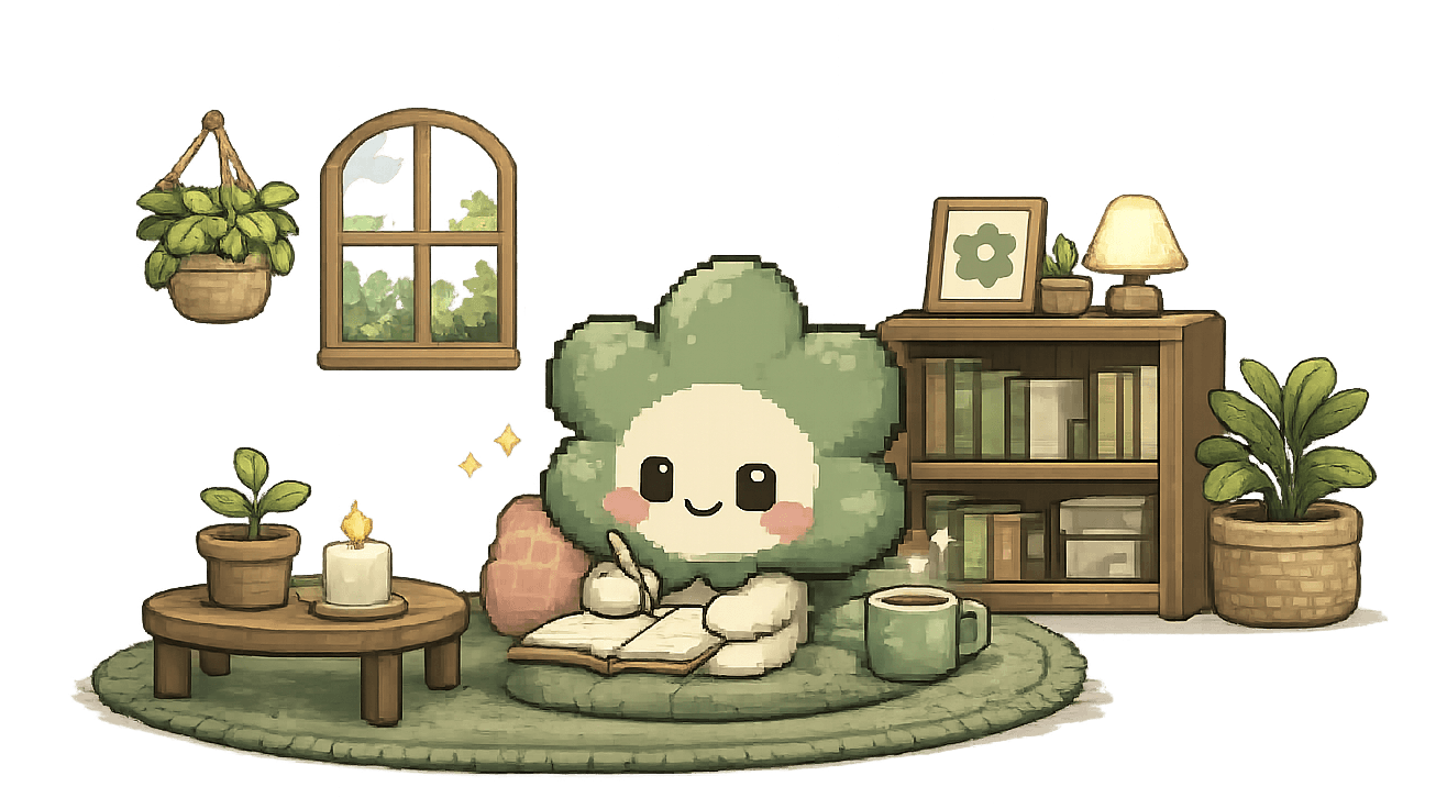Poko, the PetalPoko mascot, reading by a cozy plant-filled window